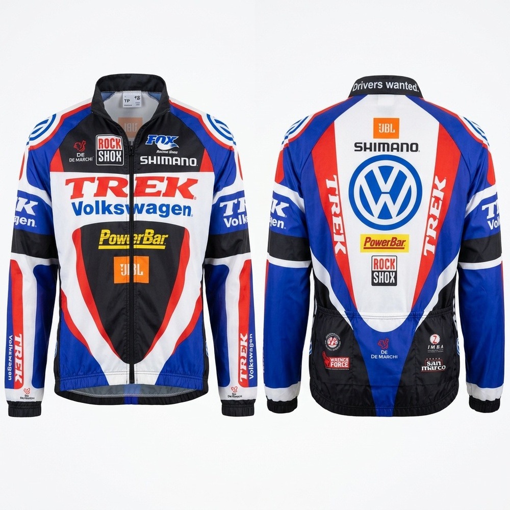 Trek Volkswagen De Marchi Cycling Jacket Mens Large Blue White RockShox Fox JBL